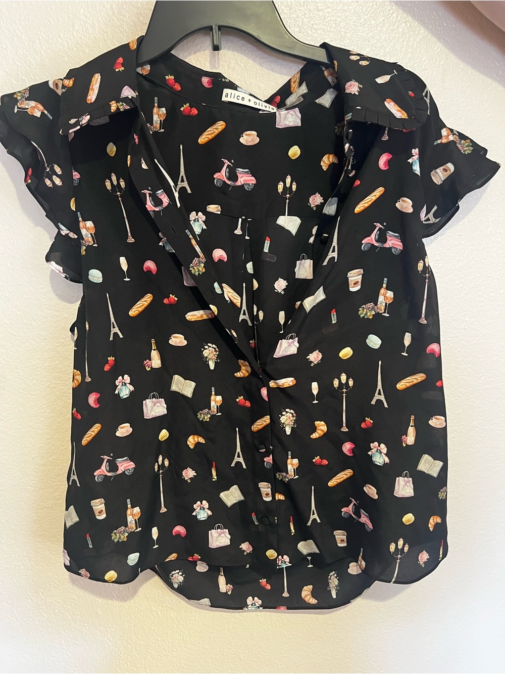 alice + olivia Black Paris Motif Button-Front Top
